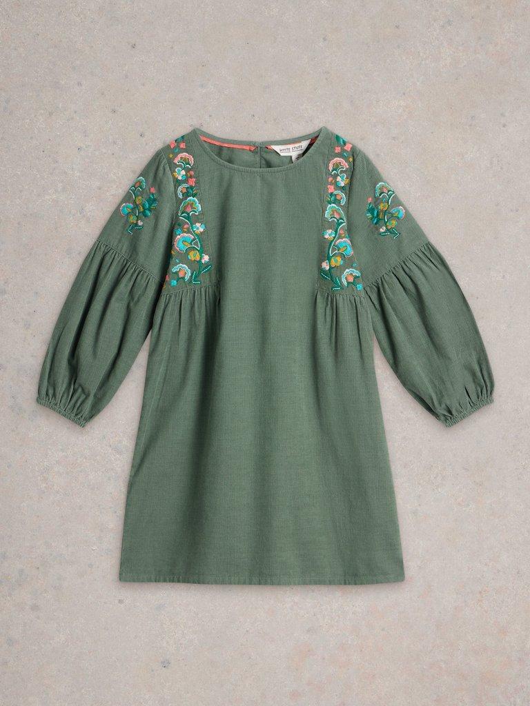 Girls Embroidered Needlecord Dress in LGT TEAL - FLAT FRONT