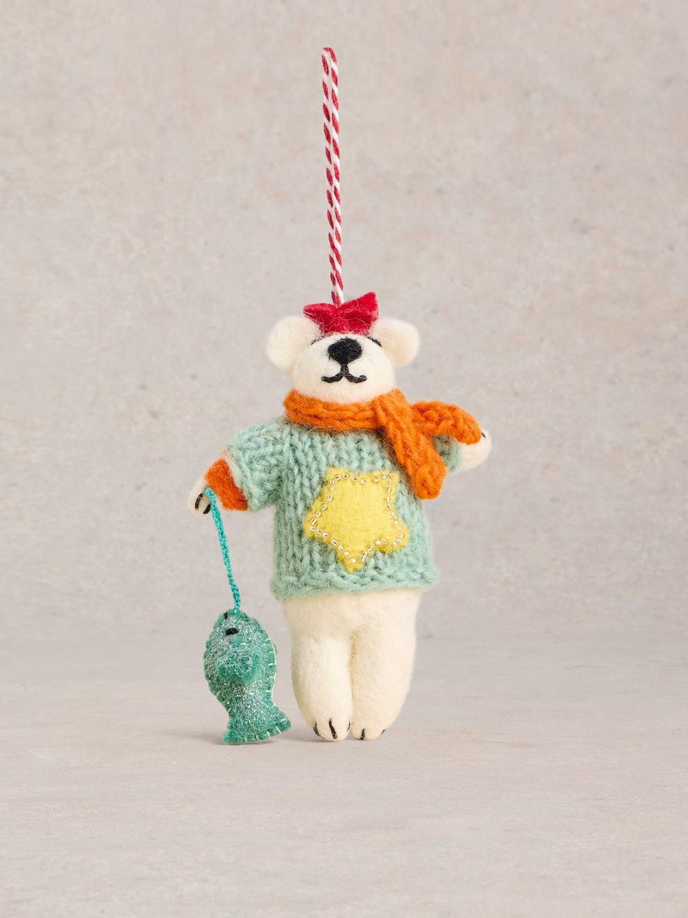 Fishing Polar Bear Hanging Dec in BLUE MLT - FLAT FRONT