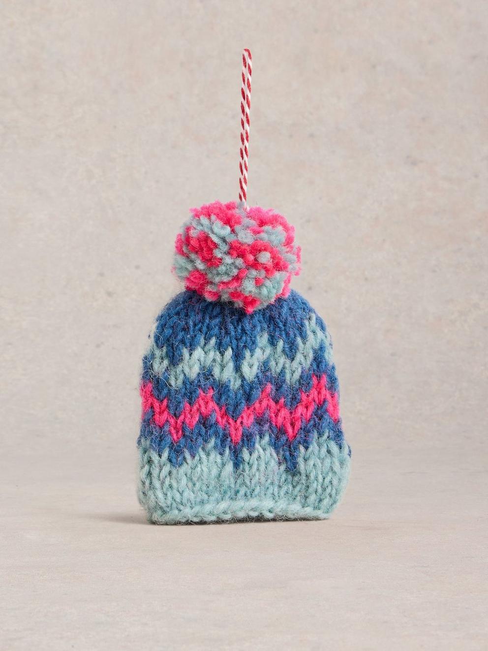 Knitted Hat Hanging Dec in TEAL MLT - FLAT FRONT