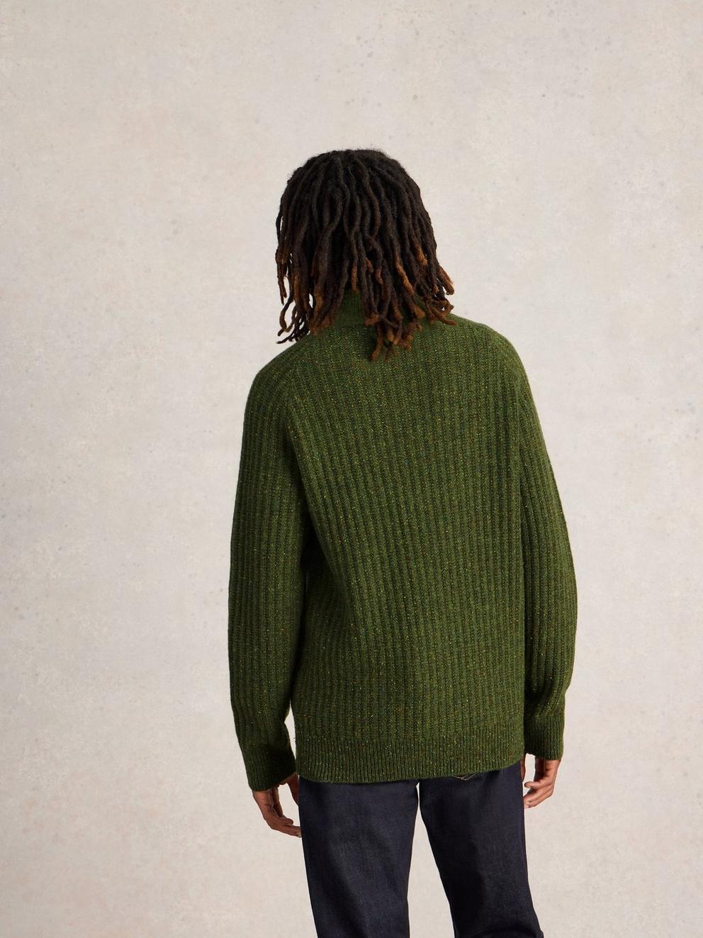 Chunky Funnel Neck Wool Jumper in GREEN MLT - MODEL BACK