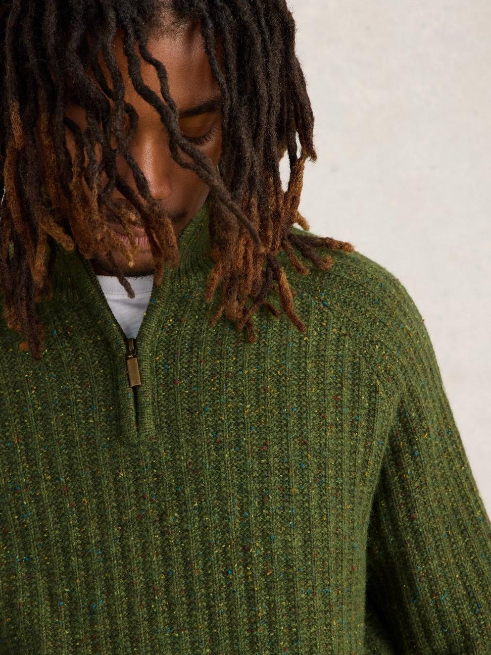 Chunky Funnel Neck Wool Jumper in GREEN MLT - MODEL DETAIL