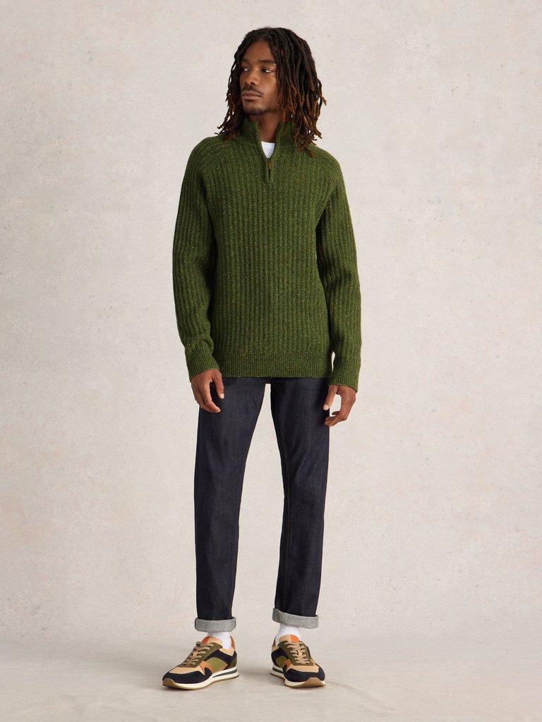 Chunky Funnel Neck Wool Jumper in GREEN MLT - MODEL FRONT