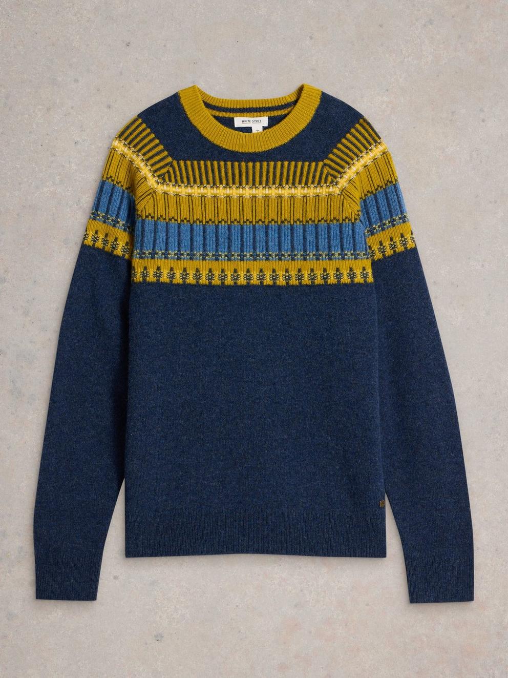 Block Fairisle Wool Crew Neck in NAVY MULTI - FLAT FRONT