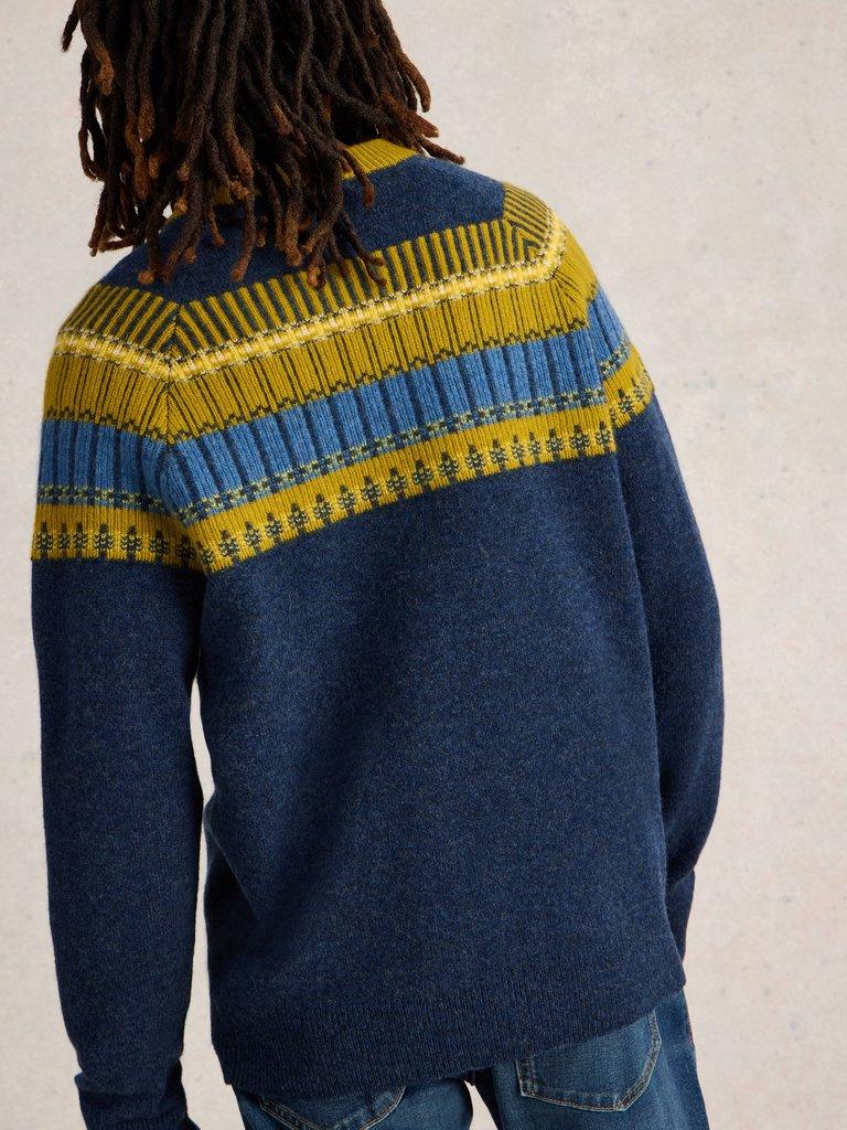 Block Fairisle Wool Crew Neck in NAVY MULTI - MODEL BACK