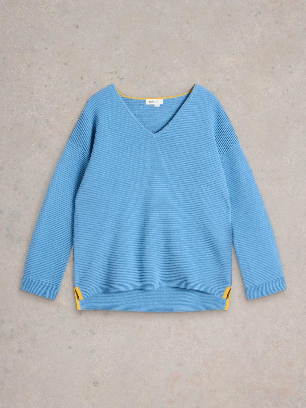 JANA V NECK JUMPER in MID BLUE - FLAT FRONT
