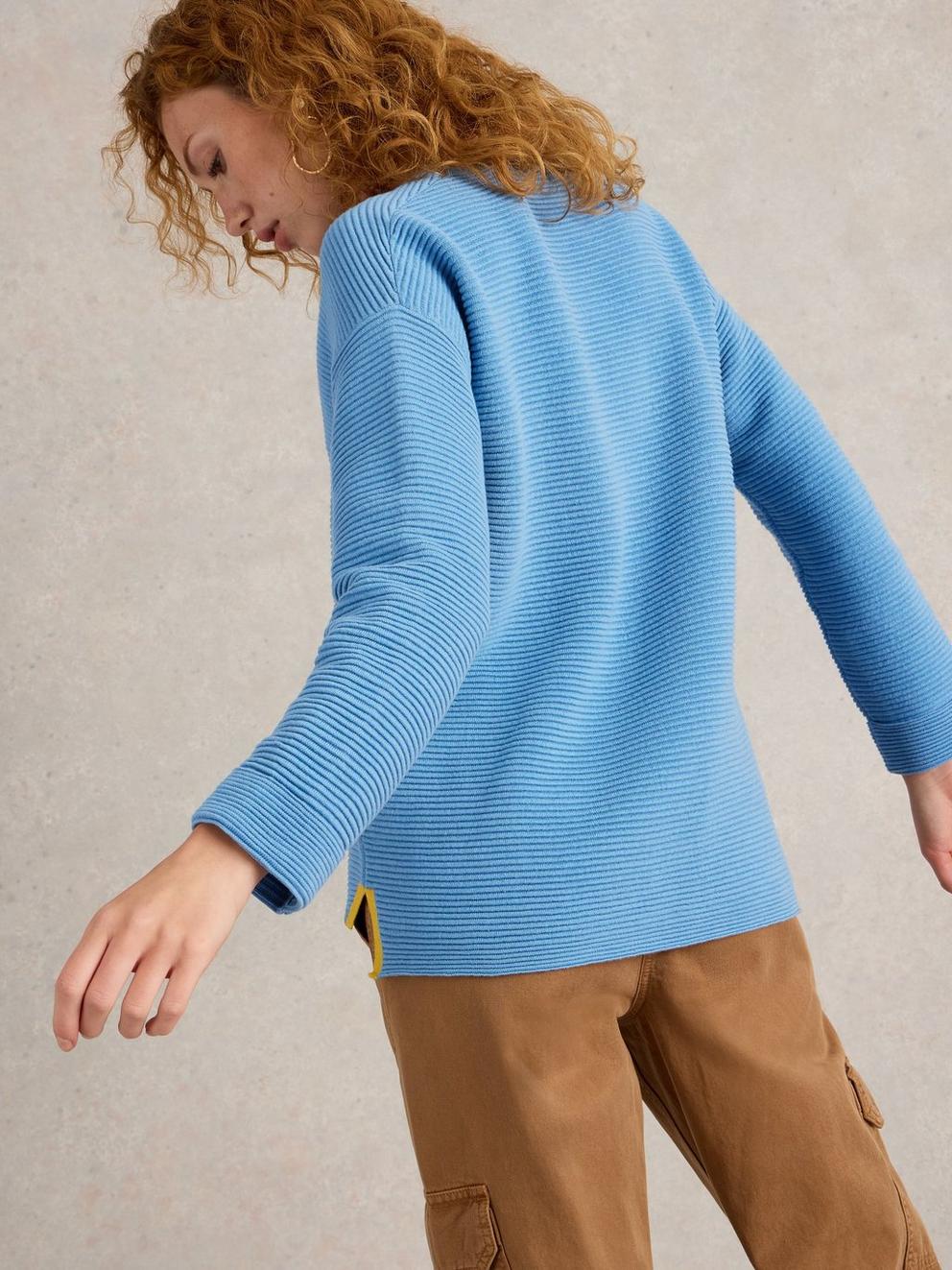 JANA V NECK JUMPER in MID BLUE - MODEL BACK