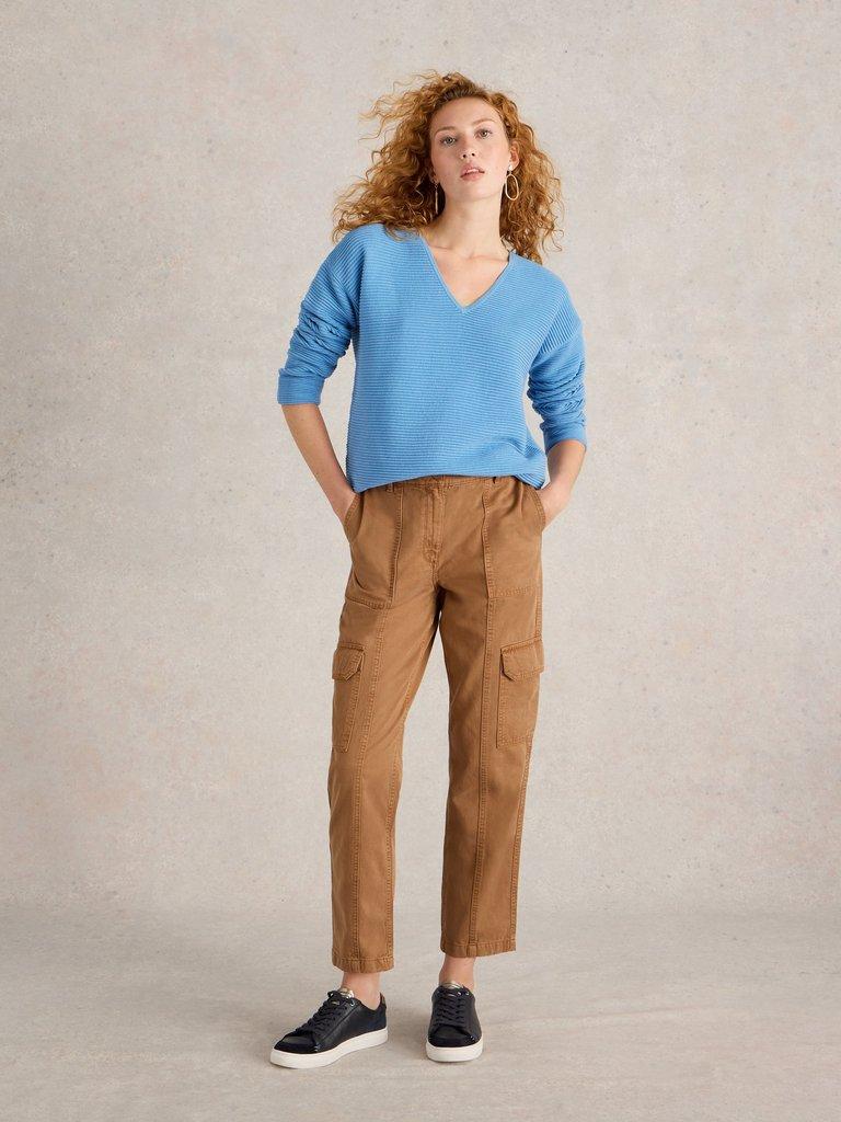JANA V NECK JUMPER in MID BLUE - MODEL FRONT