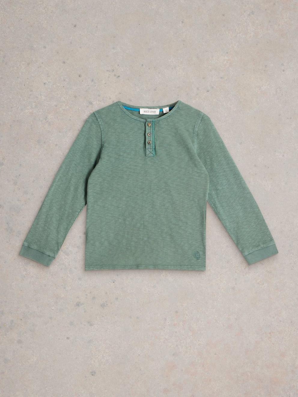 Long Sleeve Henley Tee in MID GREEN - FLAT FRONT