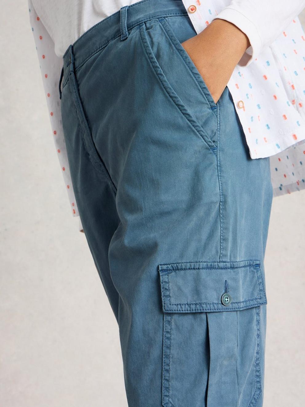 Everleigh Cargo Trouser in MID BLUE - MODEL DETAIL