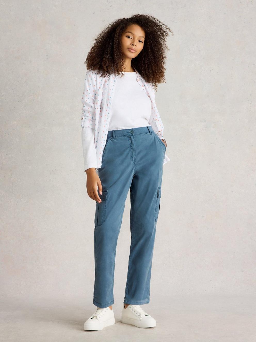 Everleigh Cargo Trouser in MID BLUE - MODEL FRONT