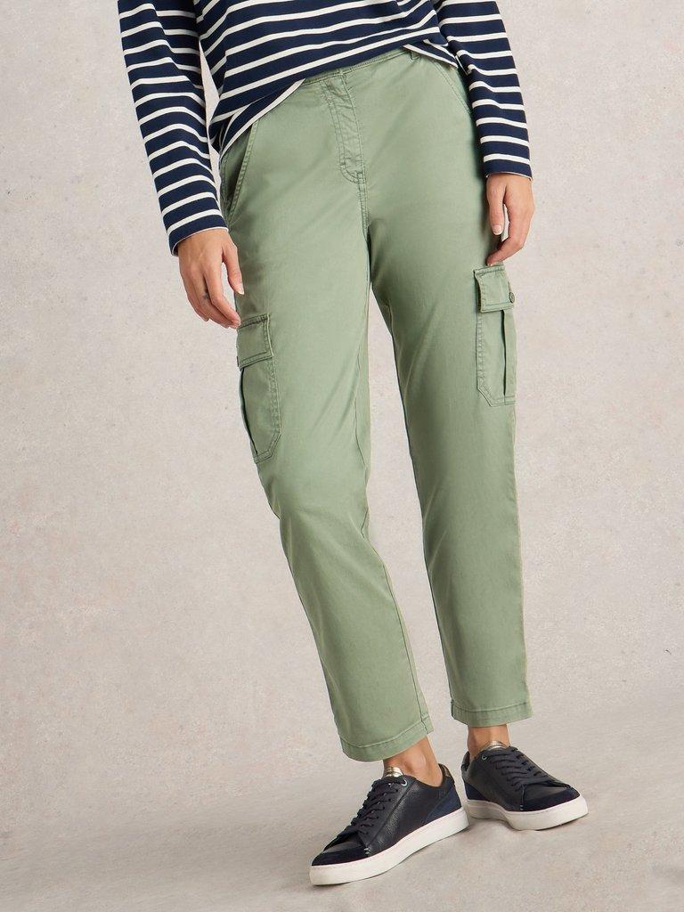 Everleigh Cargo Trouser in MID GREEN - MODEL DETAIL