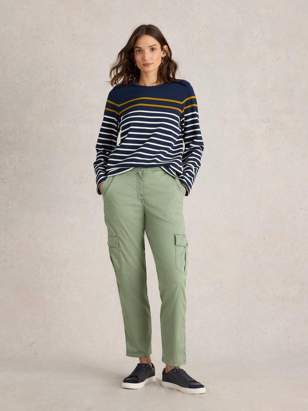 Everleigh Cargo Trouser in MID GREEN - MODEL FRONT