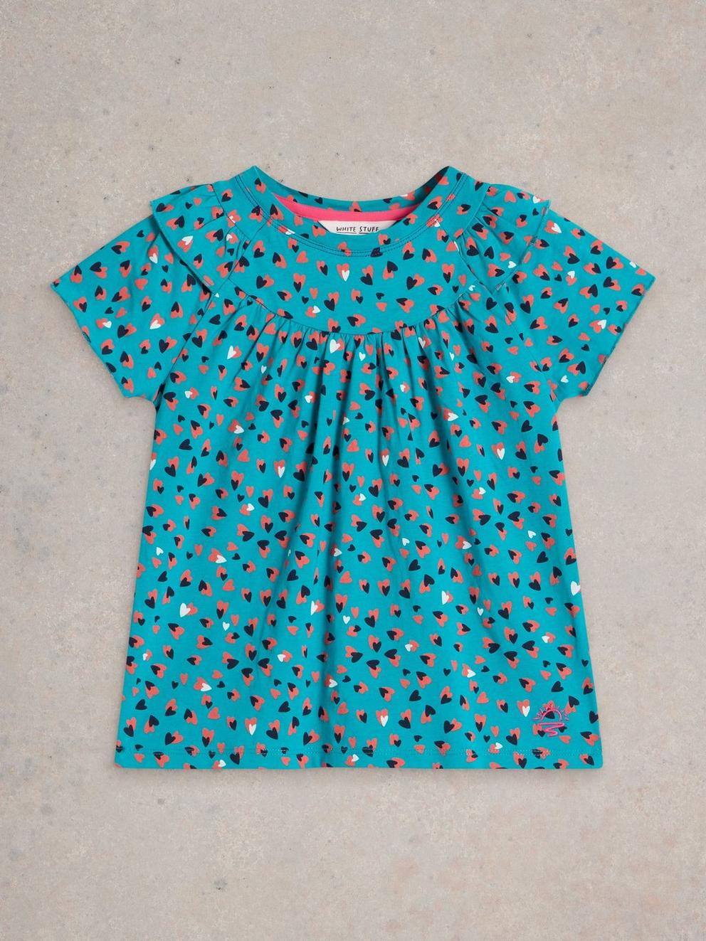 Girls Ditsy Heart Print Tee in BLUE MLT - FLAT FRONT