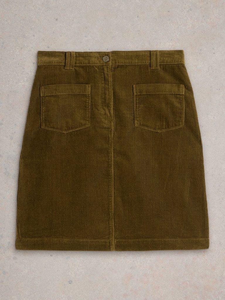 Melody Organic Cord Knee Length Skirt in KHAKI GRN - FLAT FRONT