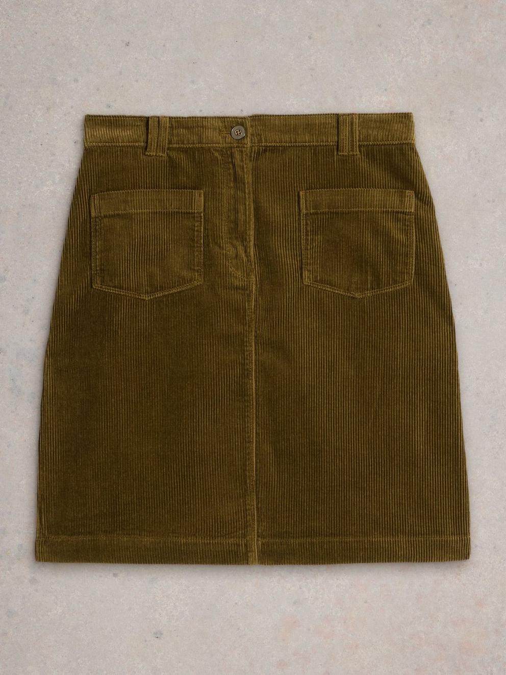 Melody Organic Cord Knee Length Skirt in KHAKI GRN - FLAT FRONT