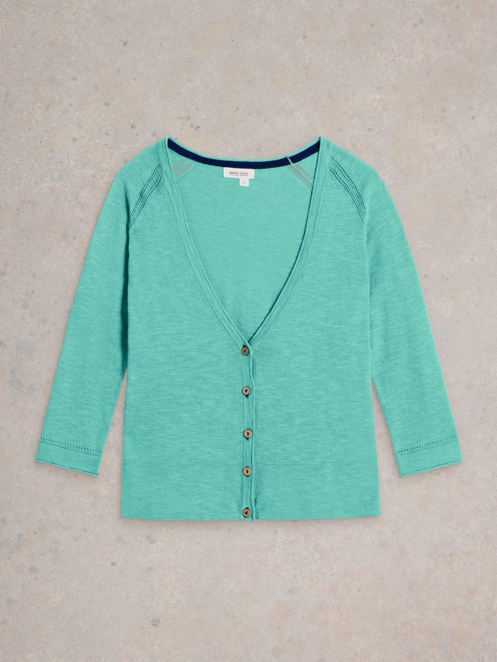 NARIA CARDI in MID TEAL - FLAT FRONT