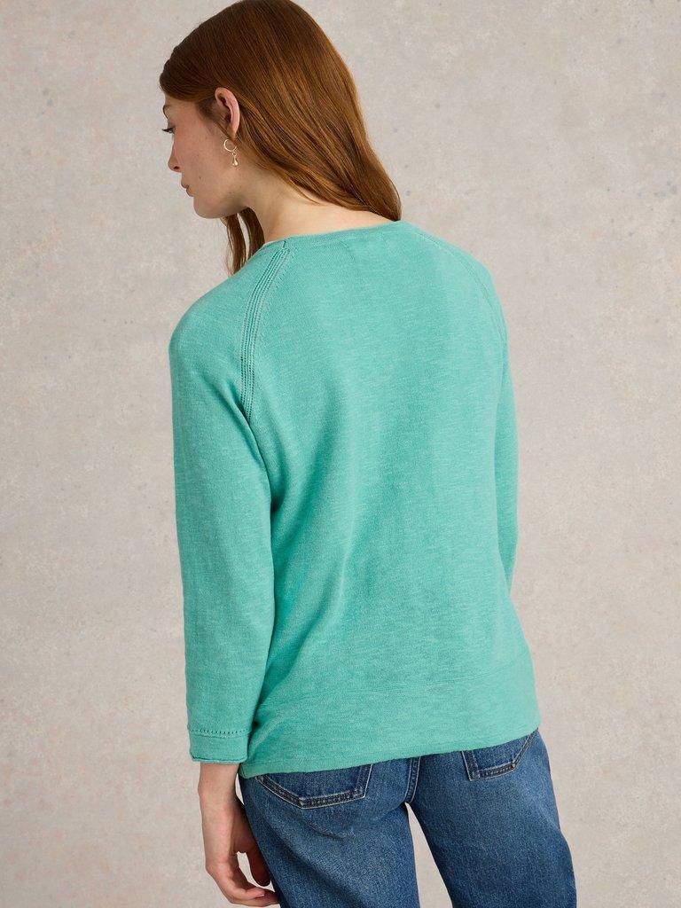 NARIA CARDI in MID TEAL - MODEL BACK