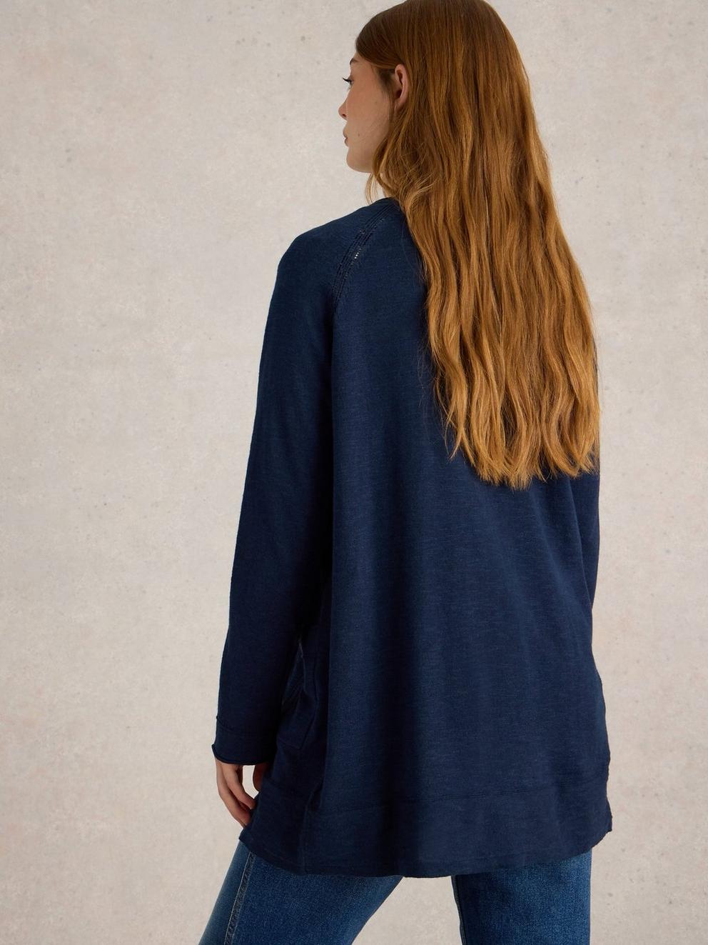 NARIA LONGLINE CARDI in DARK NAVY - MODEL BACK