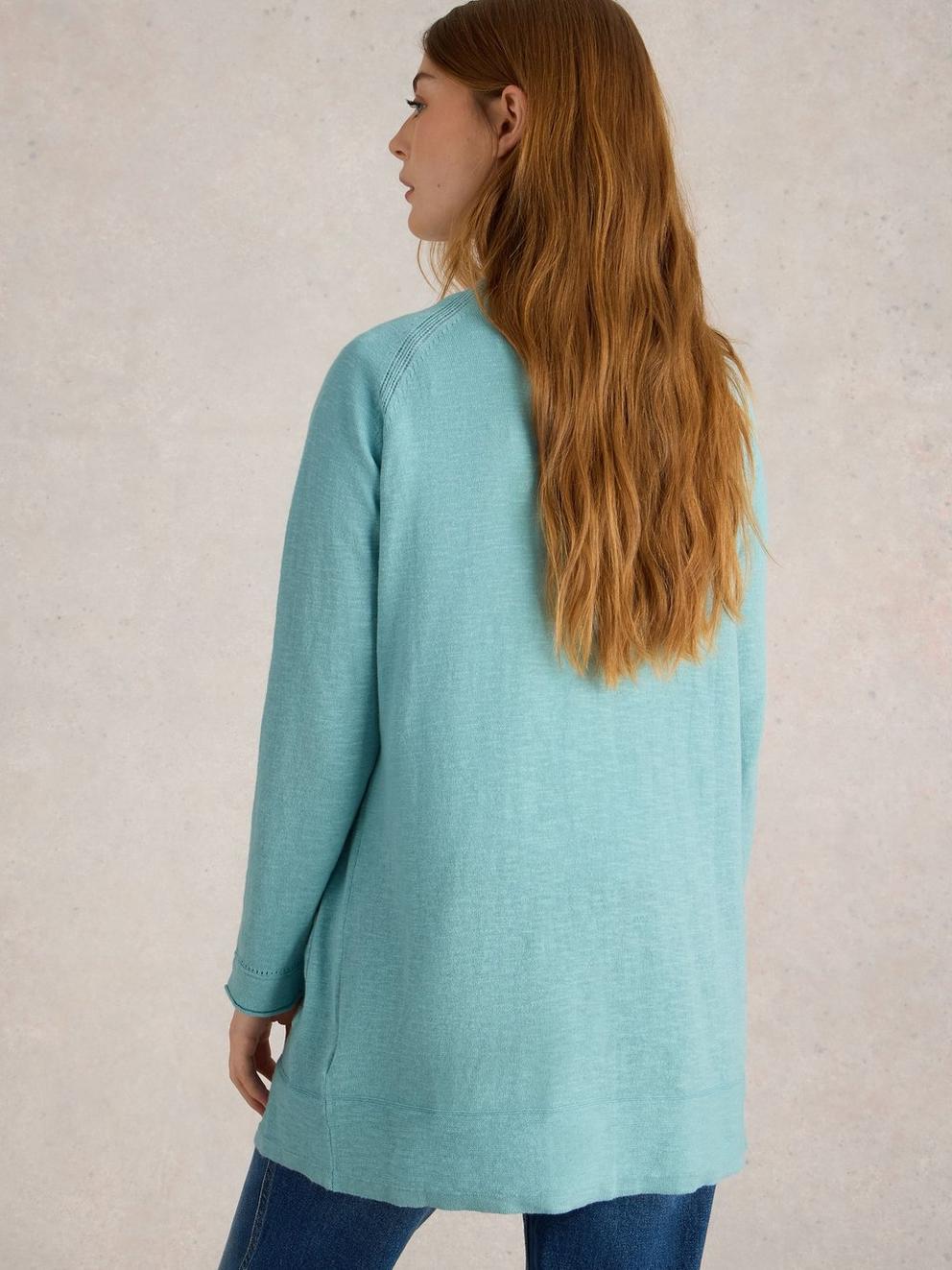 NARIA LONGLINE CARDI in MID BLUE - MODEL BACK