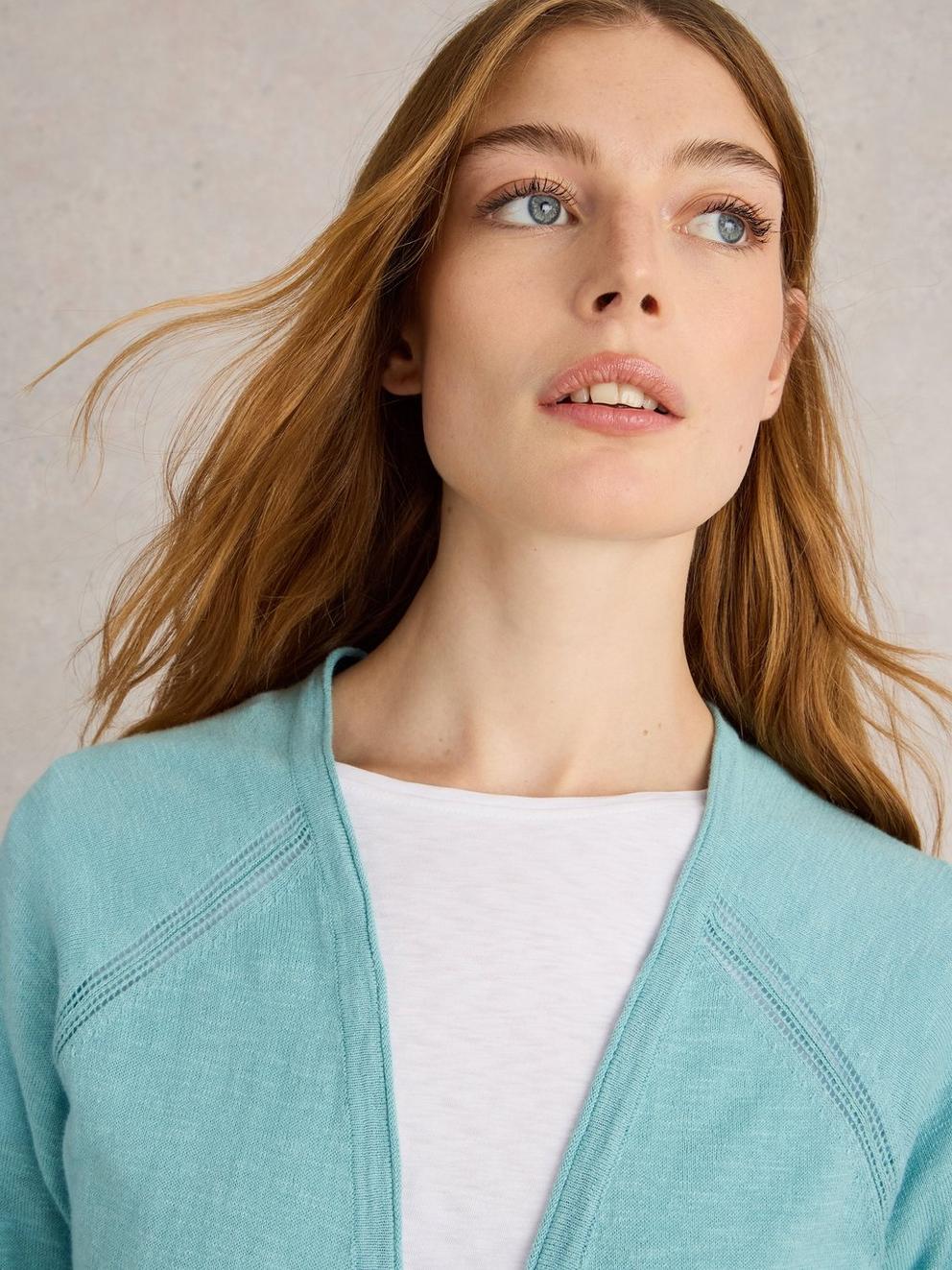 NARIA LONGLINE CARDI in MID BLUE - MODEL DETAIL