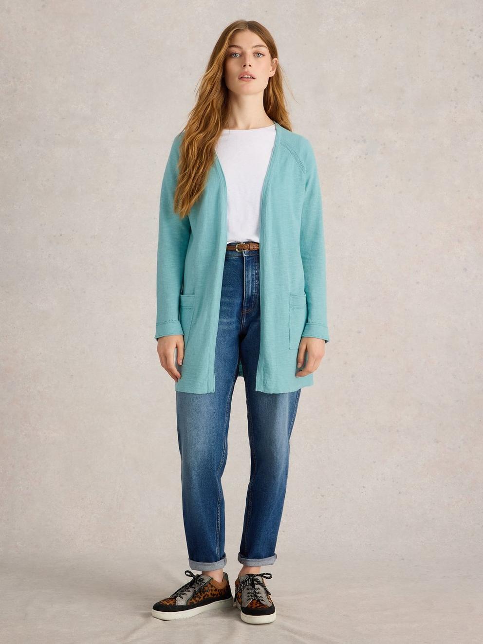 NARIA LONGLINE CARDI in MID BLUE - MODEL FRONT