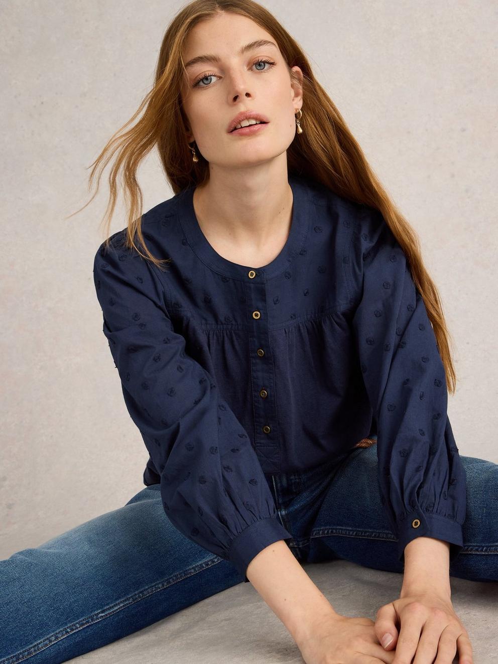 ELOISE DOBBY MIX SHIRT in DARK NAVY - LIFESTYLE