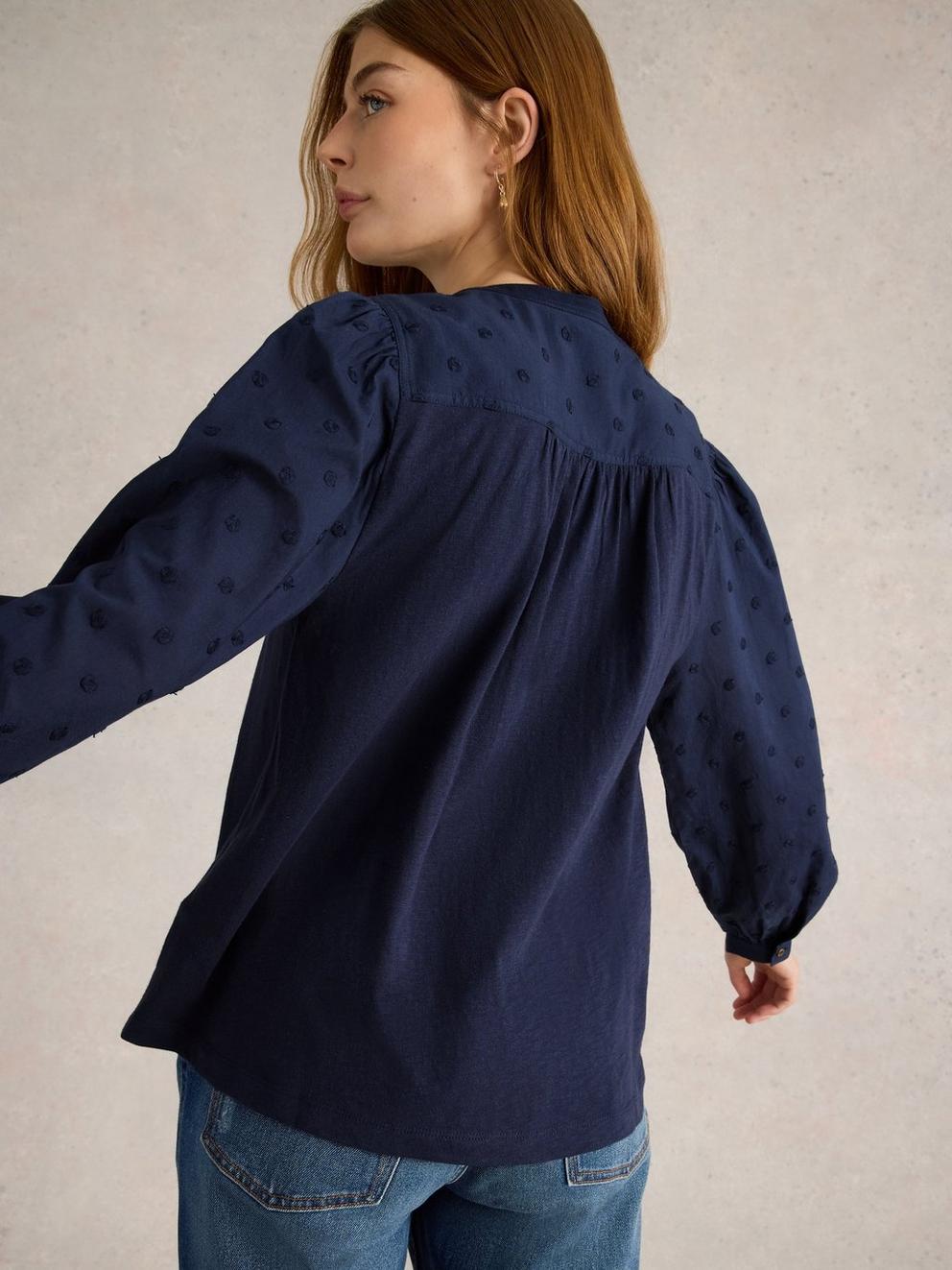 ELOISE DOBBY MIX SHIRT in DARK NAVY - MODEL BACK