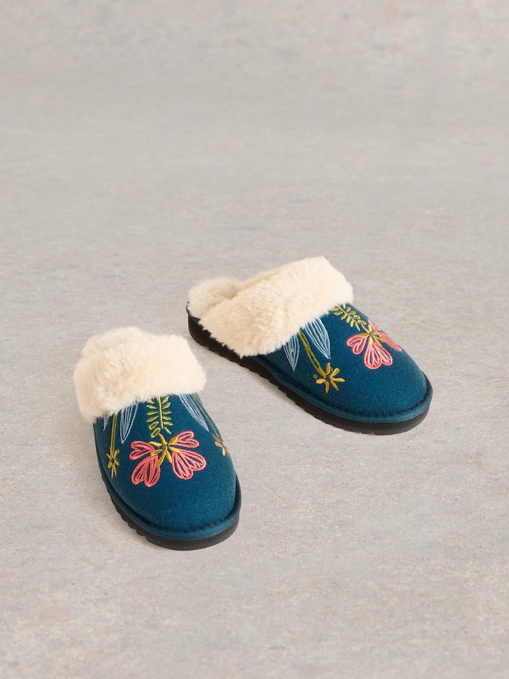 Floral Mule Slipper in TEAL MLT - FLAT FRONT