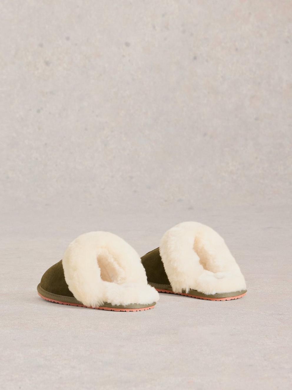 Shearling Mule Slipper in KHAKI GRN - FLAT BACK