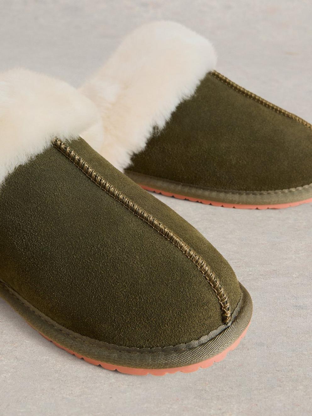 Shearling Mule Slipper in KHAKI GRN - FLAT DETAIL