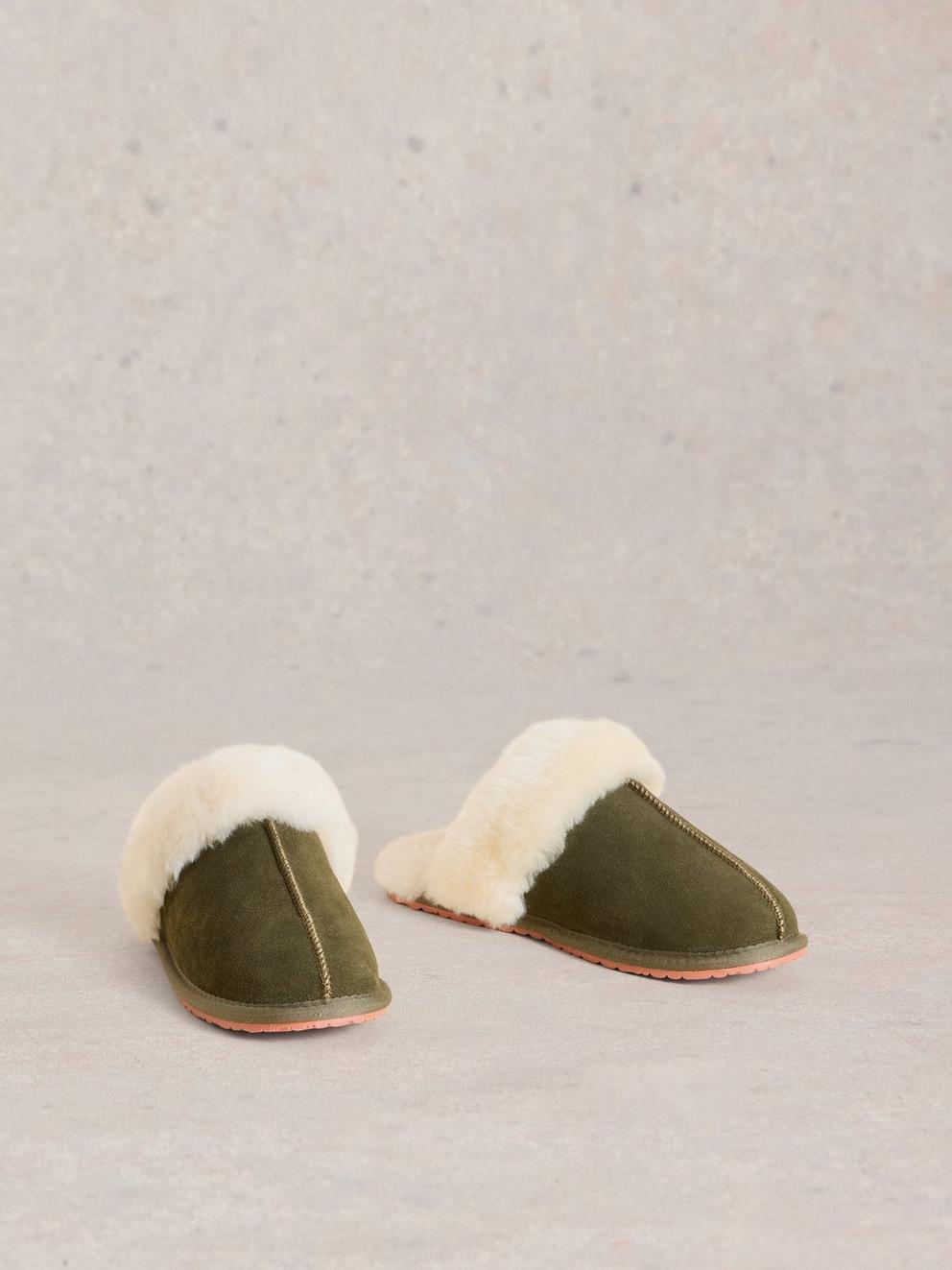 Shearling Mule Slipper in KHAKI GRN - FLAT FRONT
