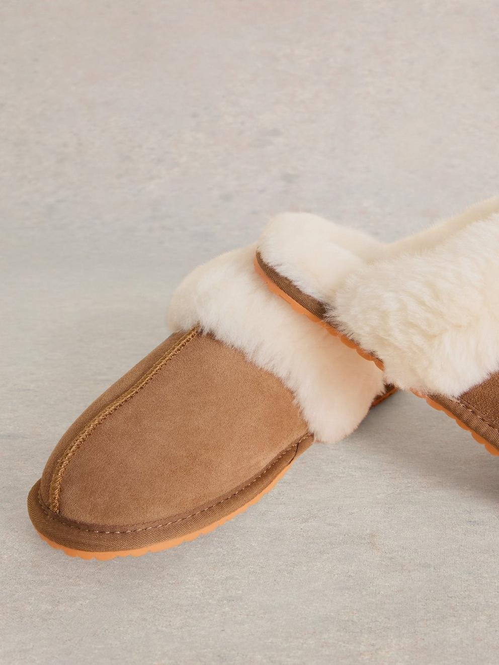 Shearling Mule Slipper in MID TAN - FLAT DETAIL