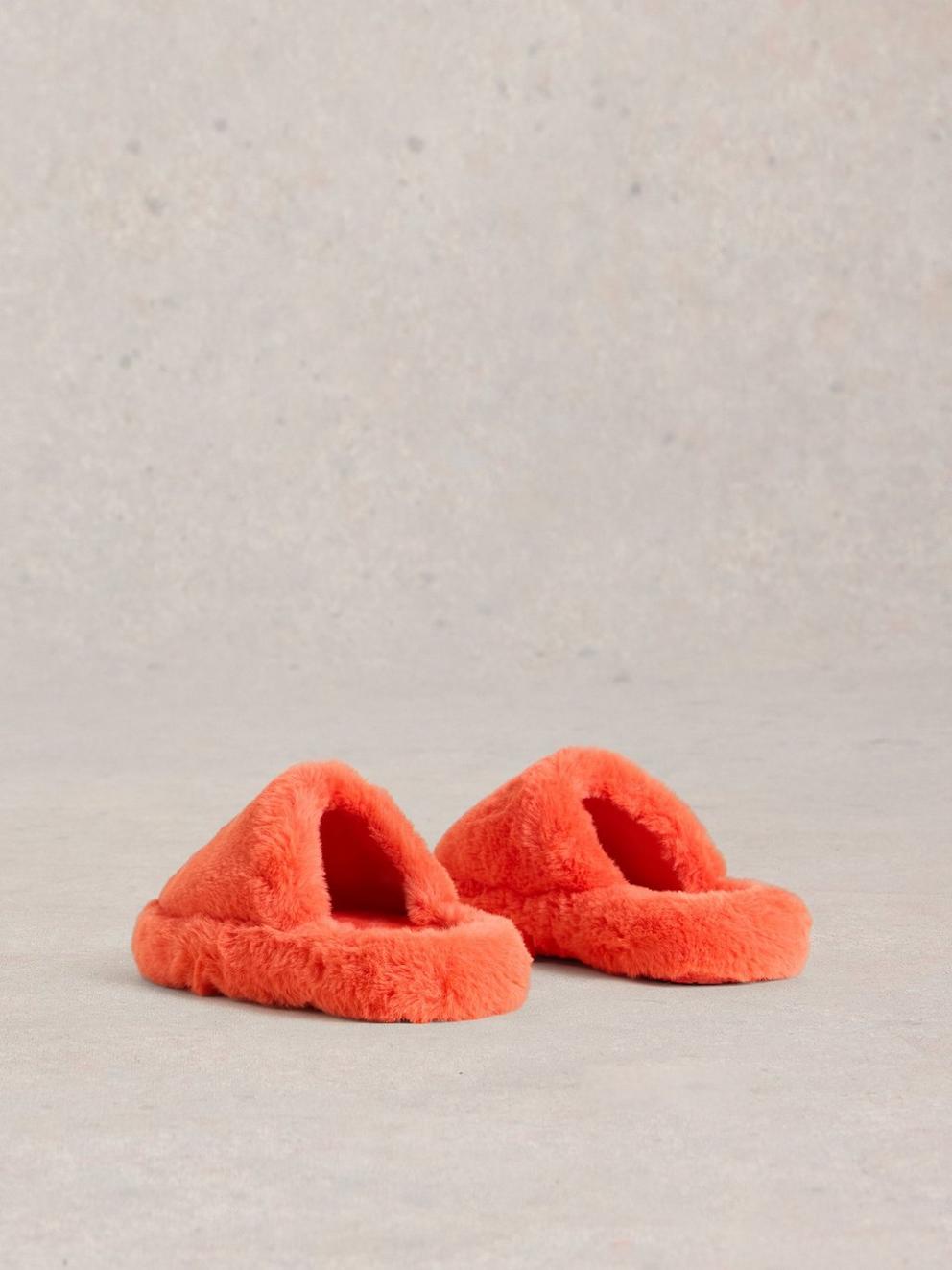 Faux Fur Mule Slippers in MID CORAL - FLAT BACK