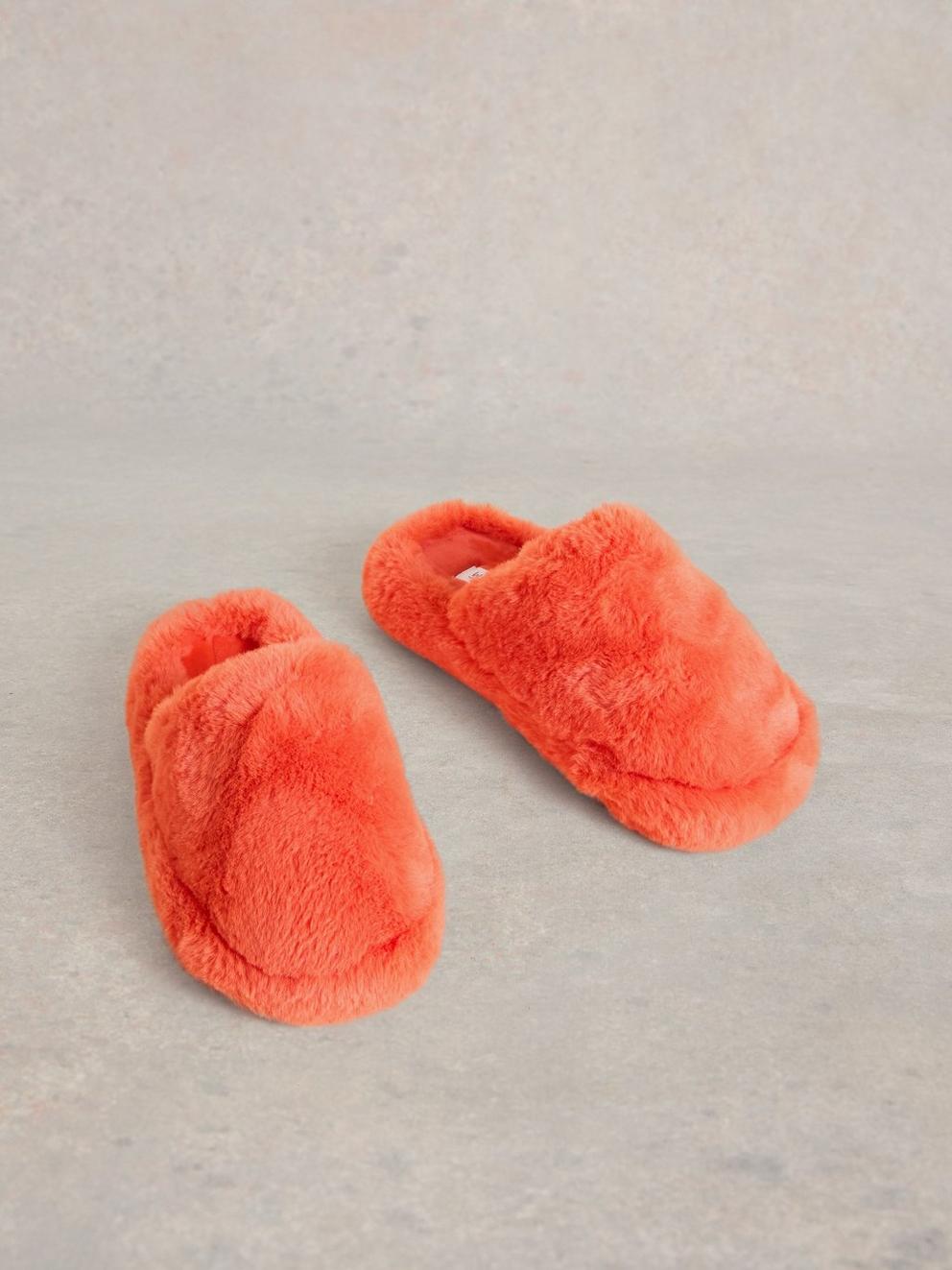 Faux Fur Mule Slippers in MID CORAL - FLAT FRONT