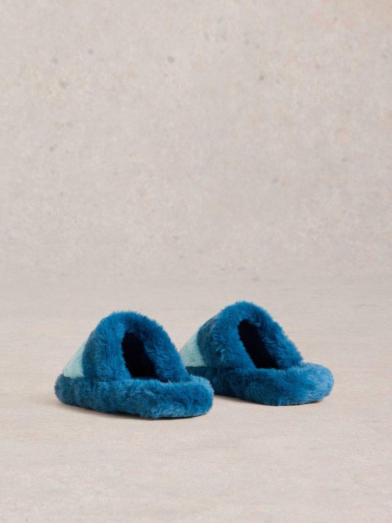 Faux Fur Mule Slippers in TEAL MLT - FLAT BACK