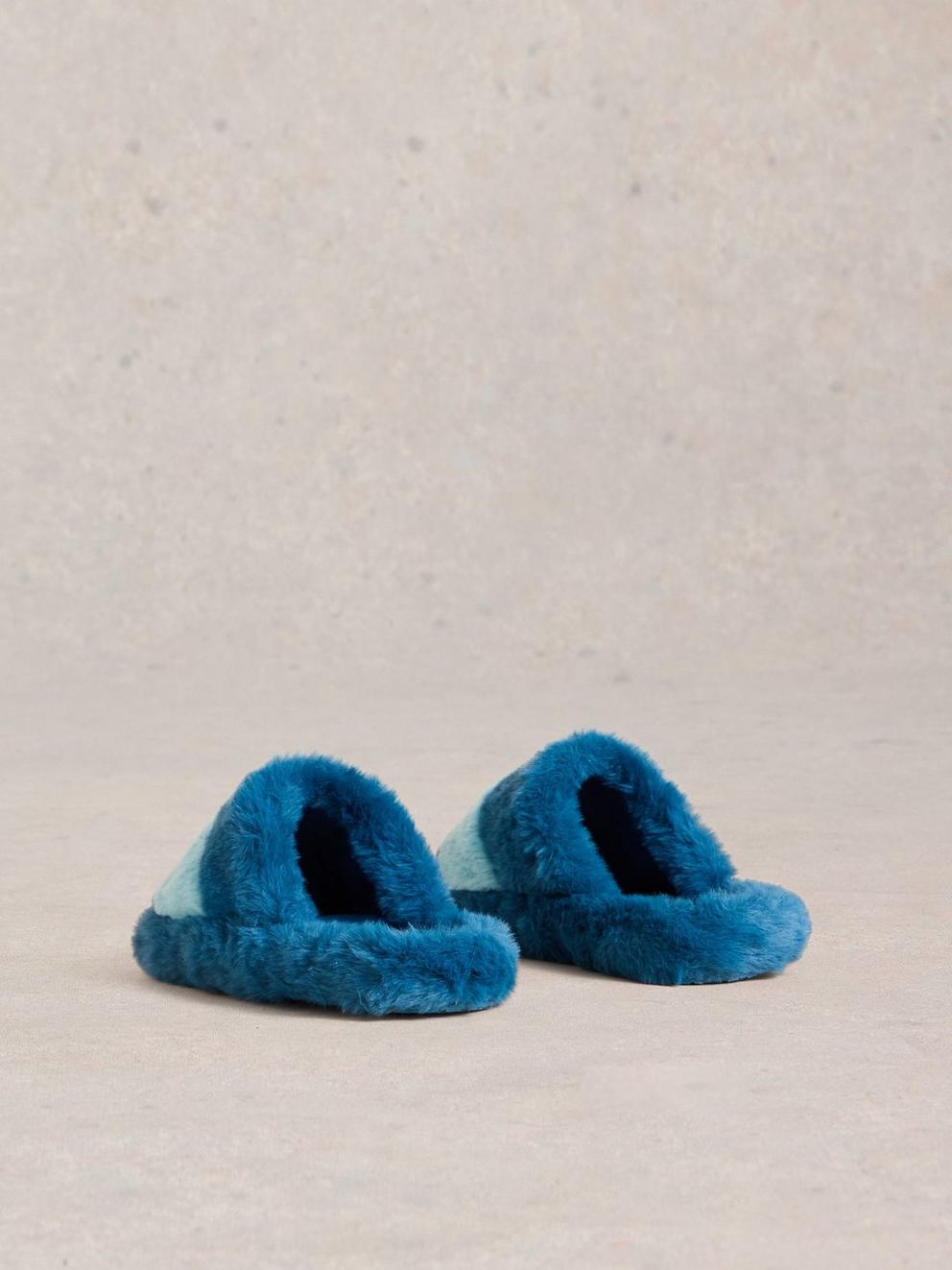 Faux Fur Mule Slippers in TEAL MLT - FLAT BACK