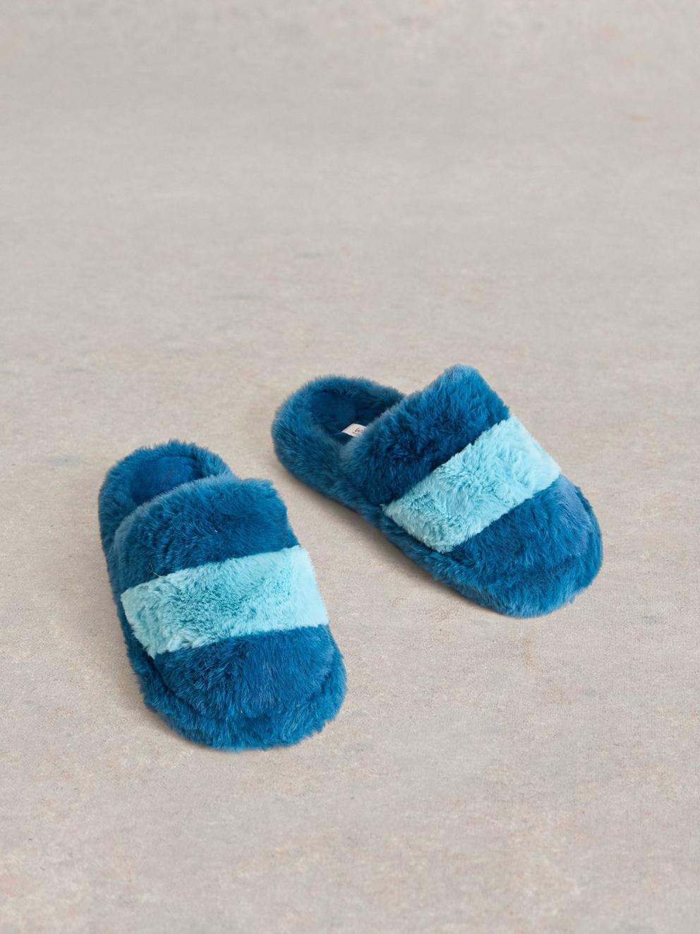 Faux Fur Mule Slippers in TEAL MLT - FLAT FRONT