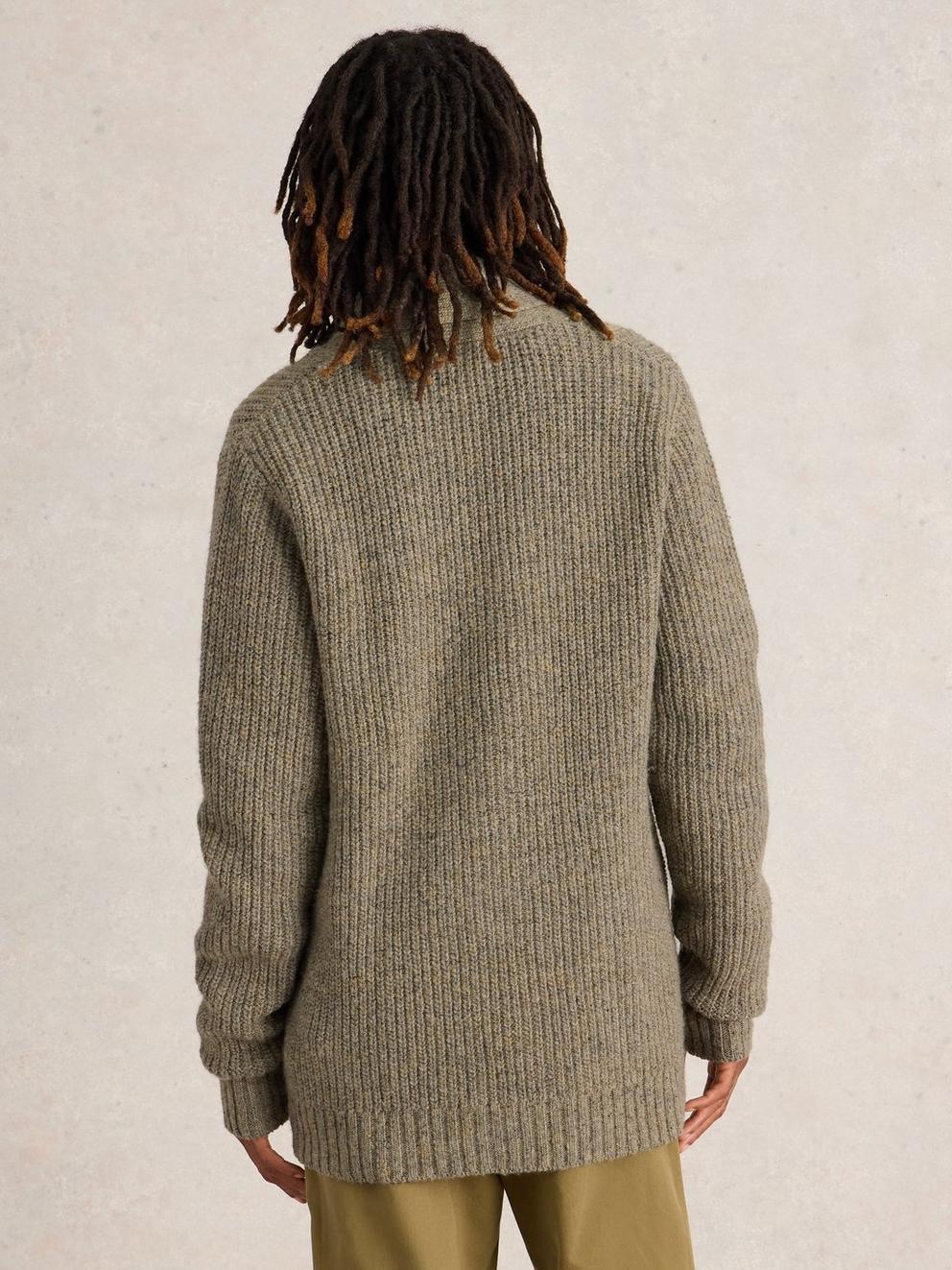 Shawl Neck Nep Wool Cardigan in NAT MLT - MODEL BACK