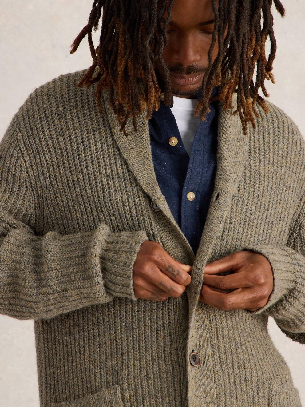 Shawl Neck Nep Wool Cardigan in NAT MLT - MODEL DETAIL