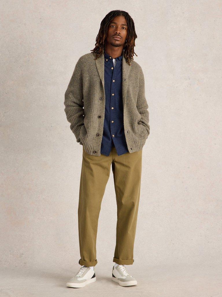 Shawl Neck Nep Wool Cardigan in NAT MLT - MODEL FRONT