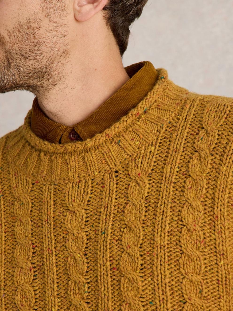 Cable Mix Wool Crew Neck in MID YELLOW - MODEL DETAIL