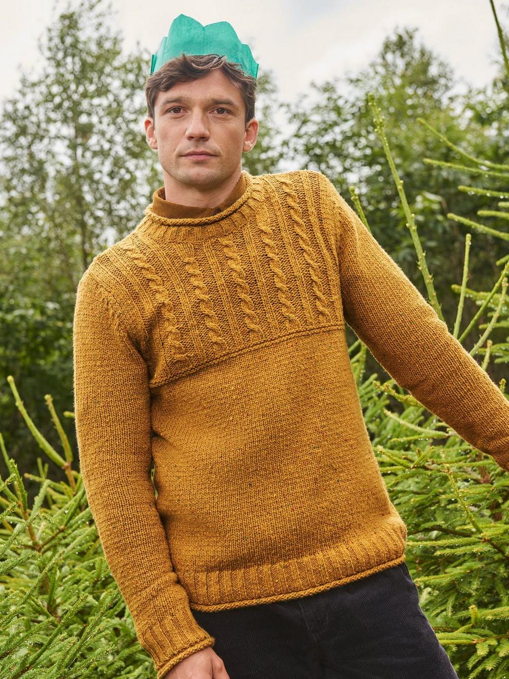 Cable Mix Wool Crew Neck in MID YELLOW - MIXED