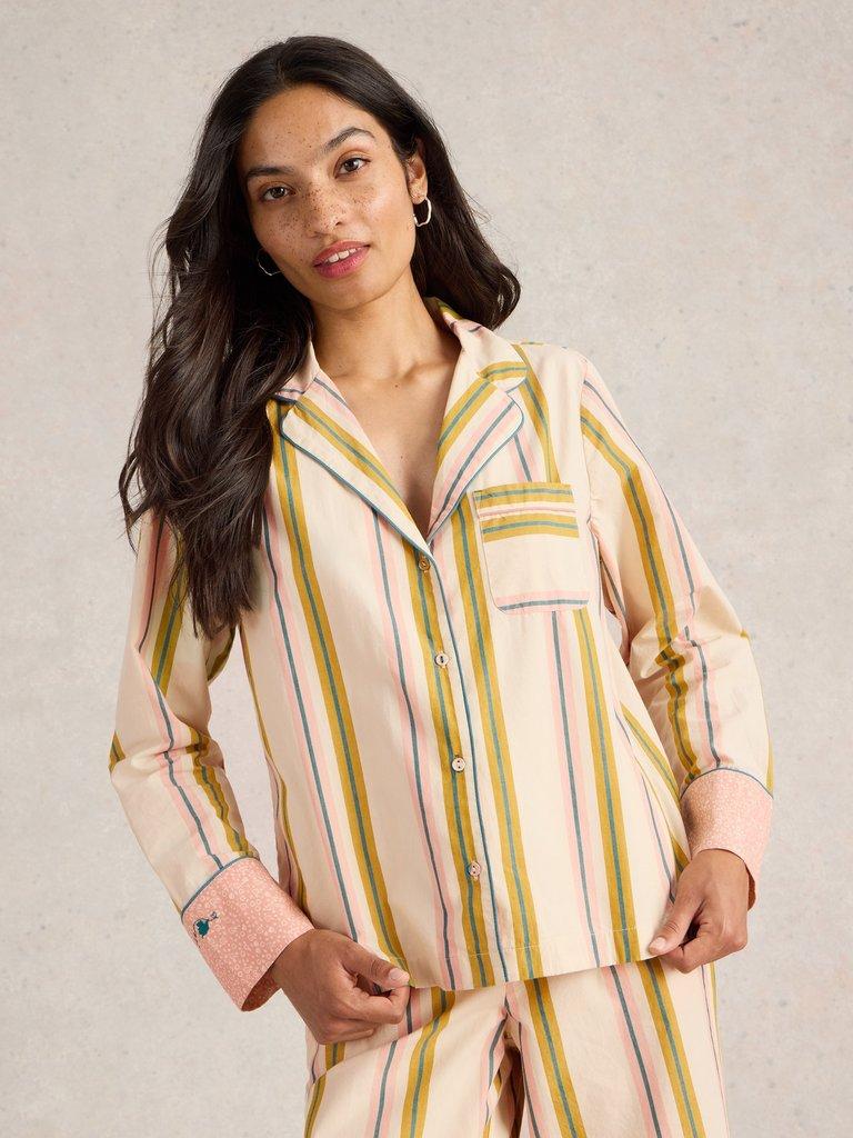 Nina Organic Stripe PJ Shirt in IVORY MLT - MODEL DETAIL