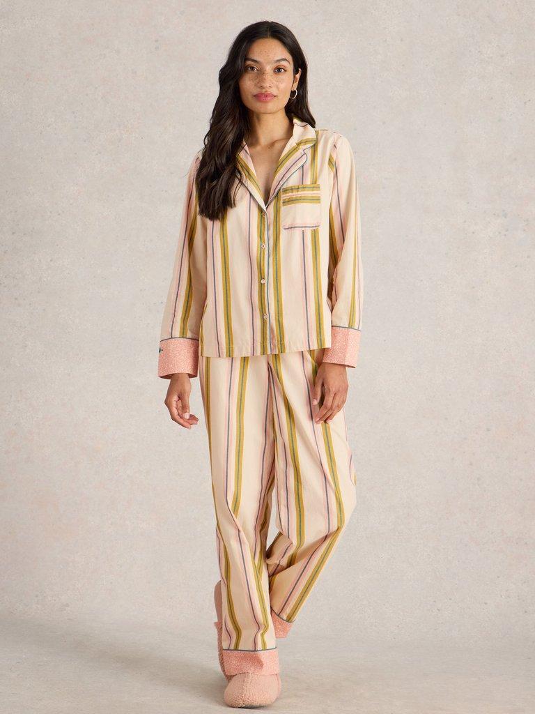 Nina Organic Stripe PJ Shirt in IVORY MLT - MODEL FRONT