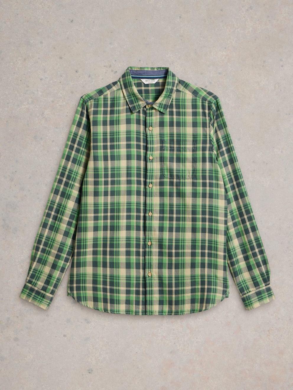 Moxley Brushed Long Sleeve Check Shirt in GREEN MLT - FLAT FRONT