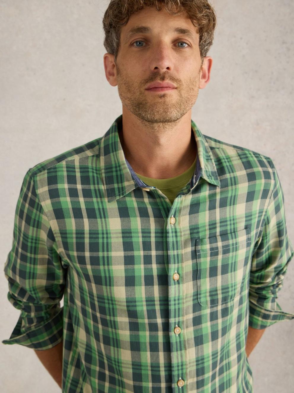 Moxley Brushed Long Sleeve Check Shirt in GREEN MLT - LIFESTYLE