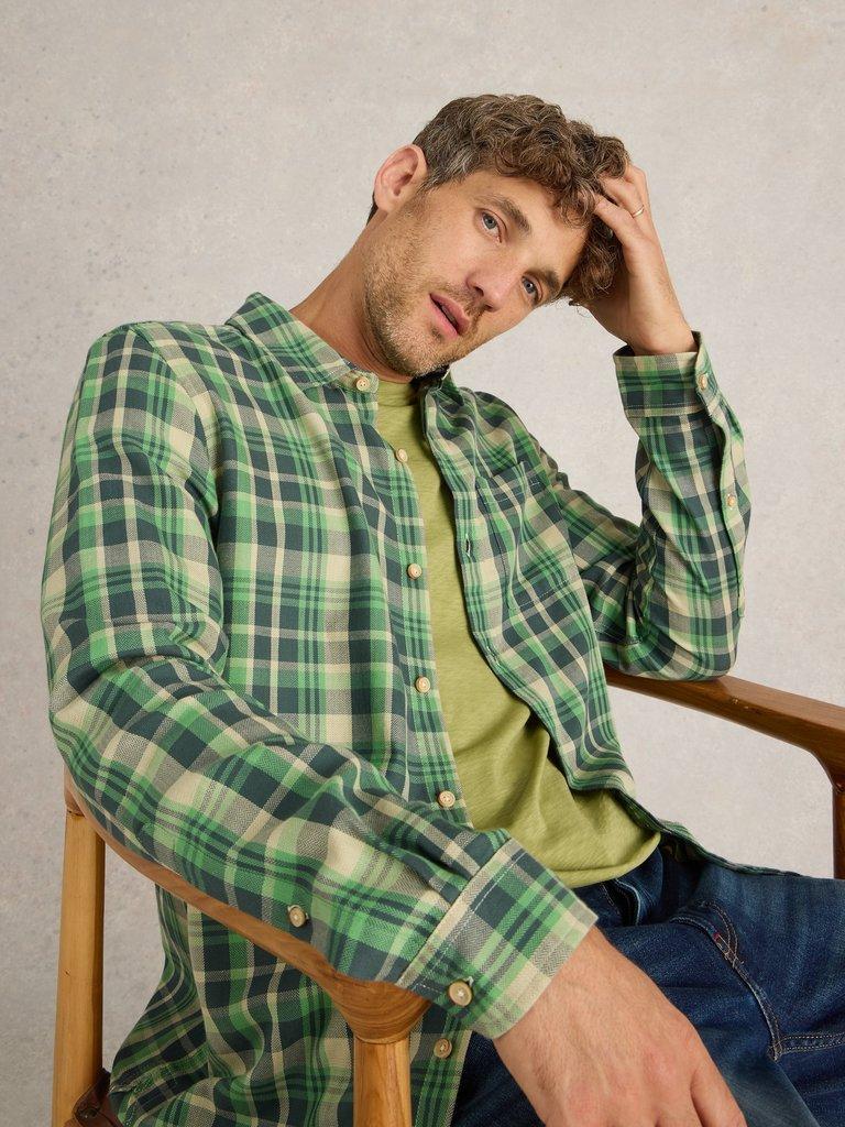 Moxley Brushed Long Sleeve Check Shirt in GREEN MLT - MODEL DETAIL