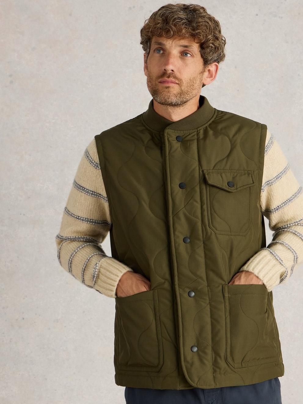 Tenby Quilted Gilet in KHAKI GRN - MODEL DETAIL