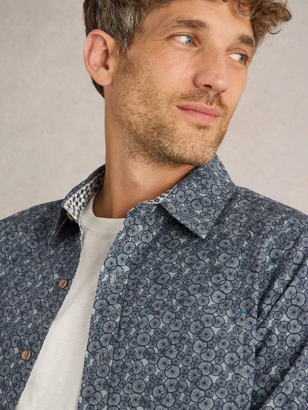 Bike Tyres Printed Shirt in NAVY PR - MODEL DETAIL