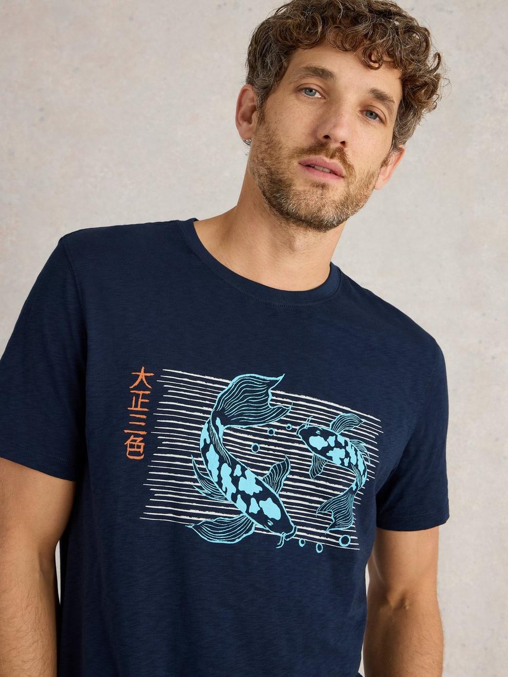 Koi Fish Graphic Tee in NAVY PR - MODEL DETAIL